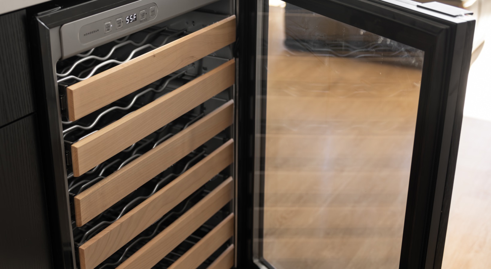 All the comforts of luxury living wine fridge with door open